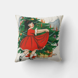 Retro Christmas Postcard, Child and Christmas Tree Cushion