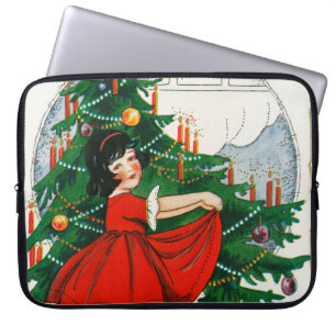 Retro Christmas Postcard, Child and Christmas Tree Laptop Sleeve