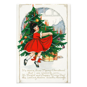 Retro Christmas Postcard, Child and Christmas Tree Photo Print