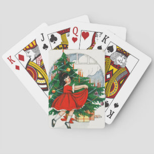 Retro Christmas Postcard, Child and Christmas Tree Playing Cards