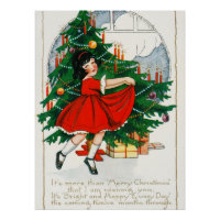 Retro Christmas Postcard, Child and Christmas Tree
