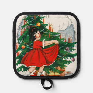 Retro Christmas Postcard, Child and Christmas Tree Pot Holder