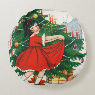 Retro Christmas Postcard, Child and Christmas Tree Round Cushion