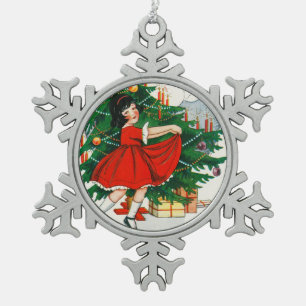 Retro Christmas Postcard, Child and Christmas Tree Snowflake Pewter Christmas Ornament