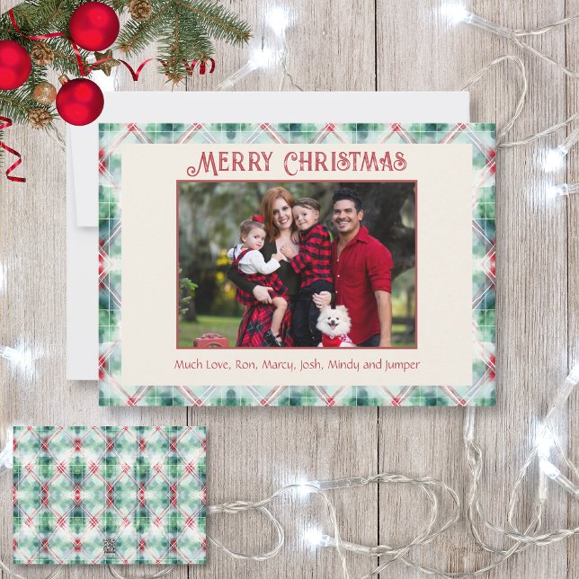 Retro Christmas Red and Green Plaid Family Photo  Holiday Card (Creator Uploaded)
