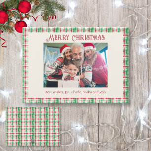 Retro Christmas Red and Green Plaid Family Photo Holiday Card