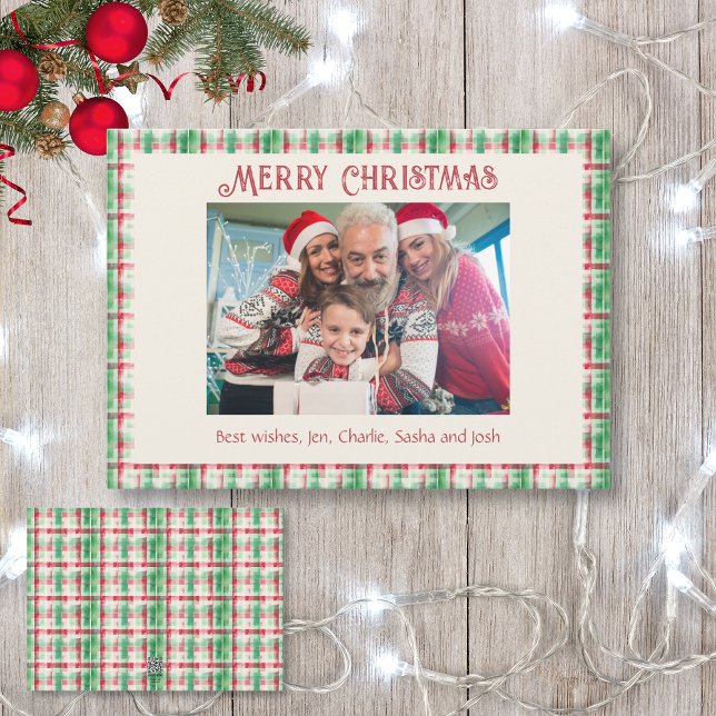 Retro Christmas Red and Green Plaid Family Photo Holiday Card (Creator Uploaded)