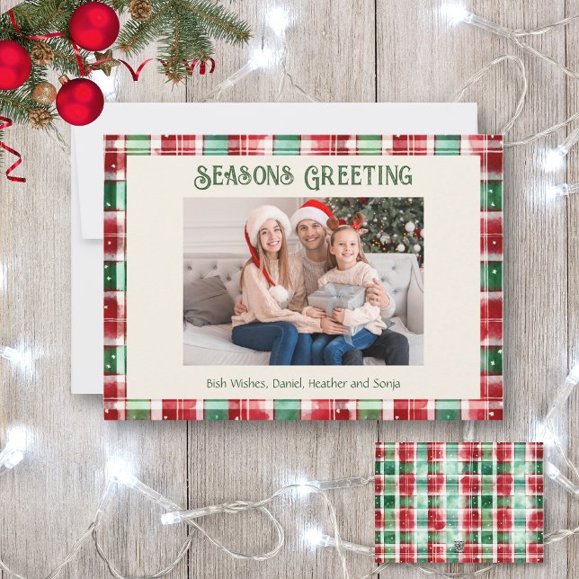 Retro Christmas Red and Green Plaid Family Photo  Holiday Card (Creator Uploaded)