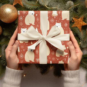 "Retro Christmas Red And White Bear And Tree Wrapping Paper