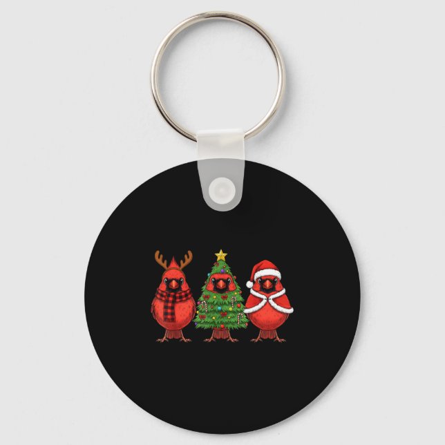 Retro Christmas Red Cardinal Bird Santa Reindeer  Key Ring (Front)