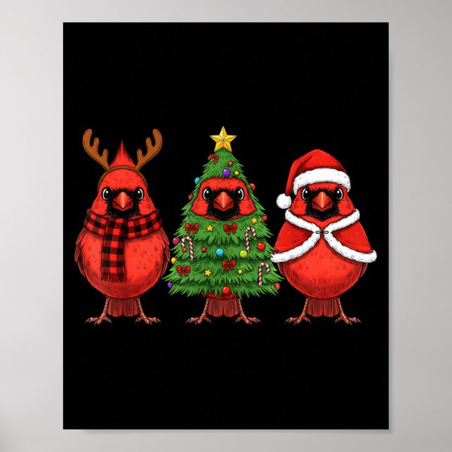 Retro Christmas Red Cardinal Bird Santa Reindeer  Poster (Front)