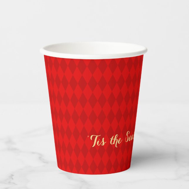 Retro Christmas Red Pattern Tis Season to be Jolly Paper Cups (Front)