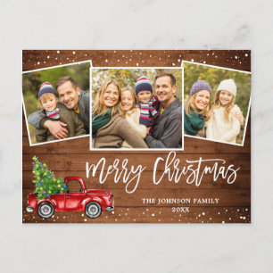 Retro Christmas Red Truck 3 PHOTO Greeting Holiday Postcard