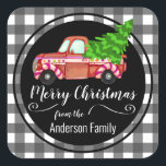 Retro Christmas Red Truck Family Name Square Sticker<br><div class="desc">Fun retro red truck with Christmas tree. Candy themed truck. Personalised family name favour seals,  envelope seals,  or just fun Christmas stickers.</div>