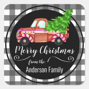 Retro Christmas Red Truck Family Name Square Sticker