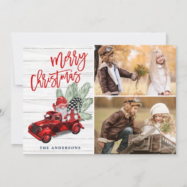 Retro Christmas Red Truck Rustic 2 PHOTO Greeting Holiday Card (Front)