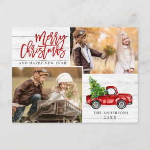 Retro Christmas Red Truck Rustic 2 PHOTO Greeting Postcard