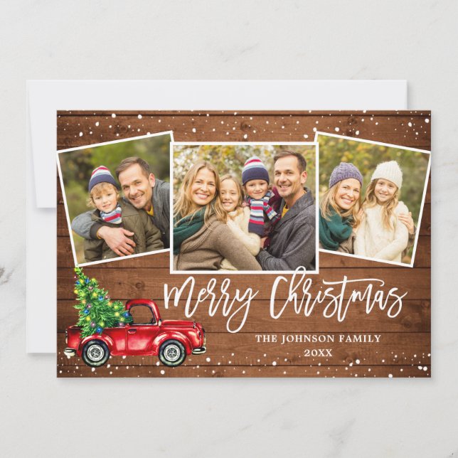Retro Christmas Red Truck Rustic 3 PHOTO Greeting Holiday Card (Front)