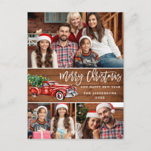 Retro Christmas Red Truck Rustic 3 PHOTO Greeting Postcard