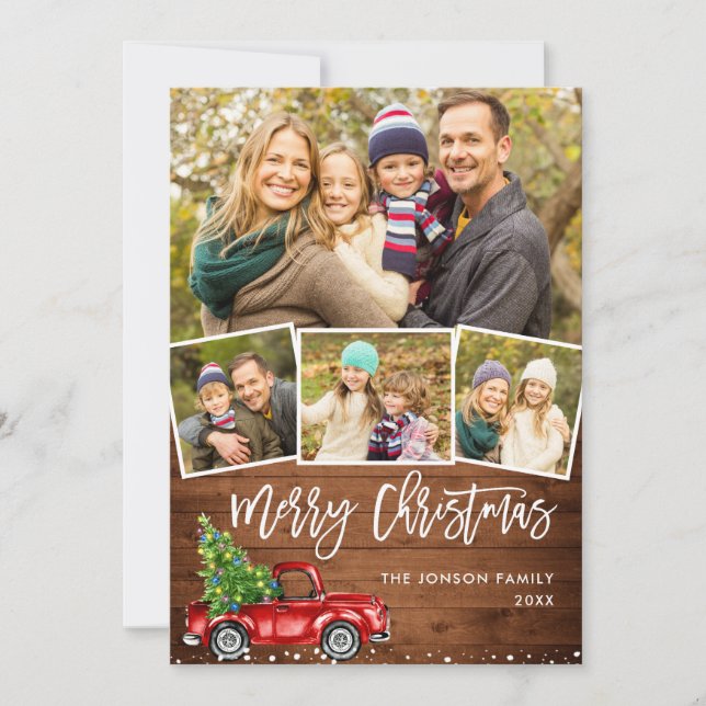 Retro Christmas Red Truck Rustic 4 PHOTO Greeting Holiday Card (Front)