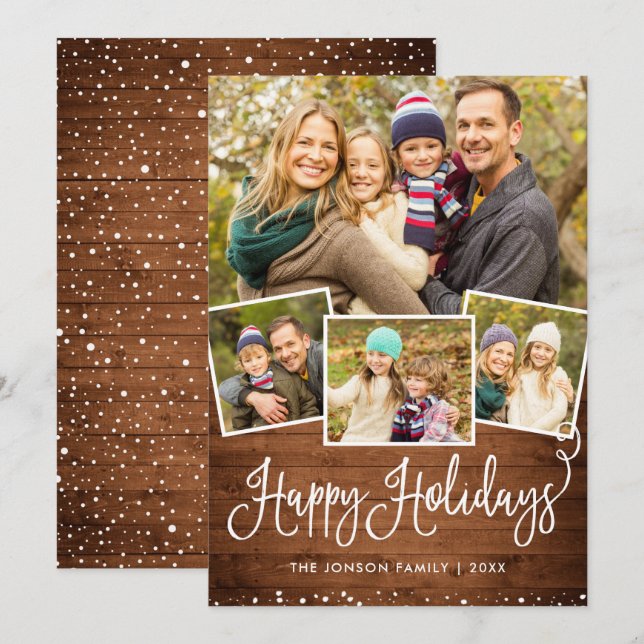 Retro Christmas Red Truck Rustic 4 PHOTO Greeting Holiday Card (Front/Back)