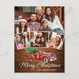 Retro Christmas Red Truck Rustic 4 PHOTO Greeting Postcard