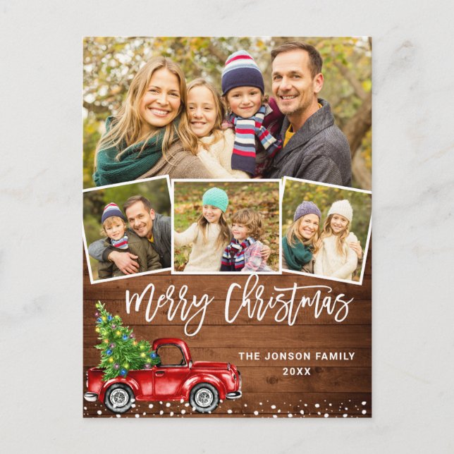 Retro Christmas Red Truck Rustic 4 PHOTO Greeting Postcard (Front)