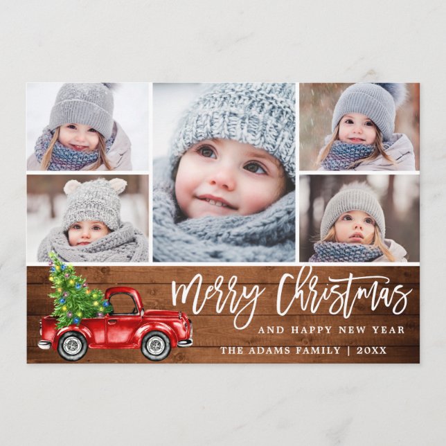 Retro Christmas Red Truck Rustic 5 PHOTO Greeting Holiday Card (Front)