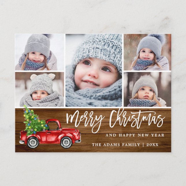 Retro Christmas Red Truck Rustic 5 PHOTO Greeting Postcard (Front)