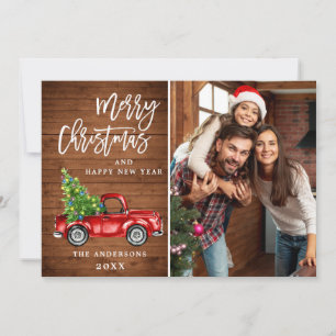 Retro Christmas Red Truck Rustic PHOTO Greeting Holiday Card