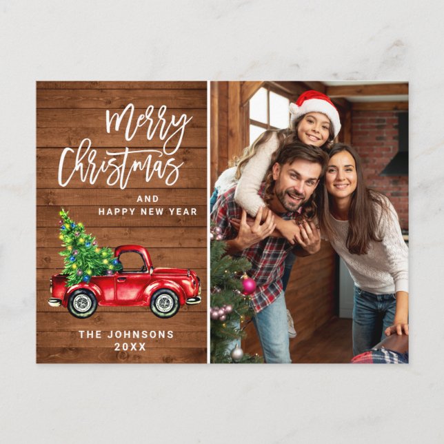 Retro Christmas Red Truck Rustic PHOTO Greeting Postcard (Front)