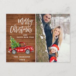 Retro Christmas Red Truck Rustic PHOTO Greeting Postcard
