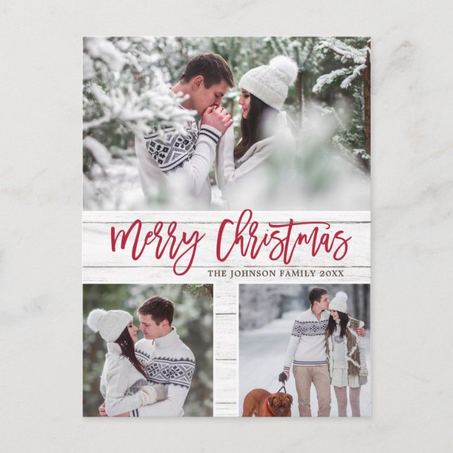 Retro Christmas Rustic  3 PHOTO Greeting Holiday Postcard (Front)
