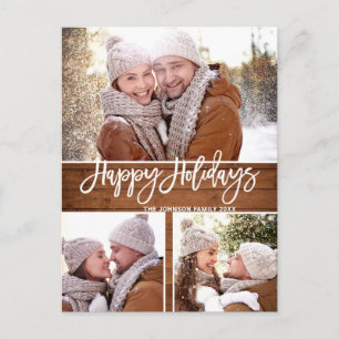 Retro Christmas Rustic 3 PHOTO Greeting Holiday Postcard
