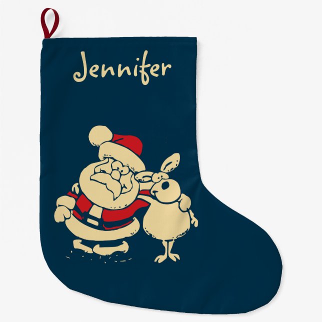 Retro Christmas Santa and his Reindeer Buddy Large Christmas Stocking (Front)