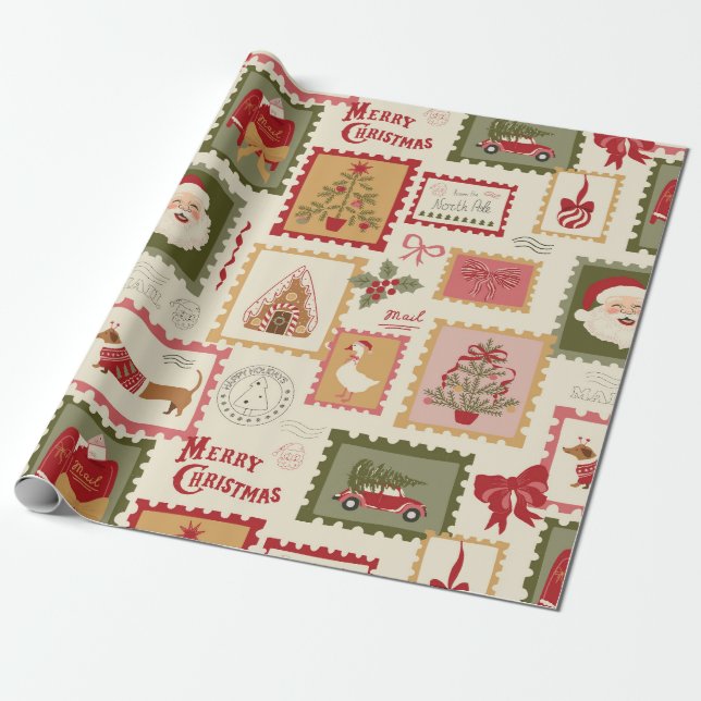 Retro Christmas Santa Collage Holiday Wrapping Paper (Unrolled)