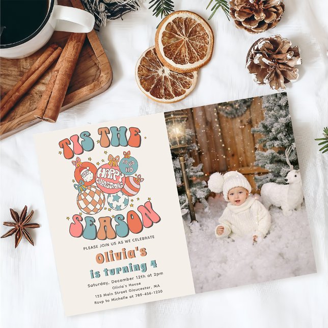 Retro Christmas Santa Holiday Birthday Photo Invitation (Creator Uploaded)