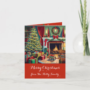 Retro Christmas Scene, Tree, Gifts, Card