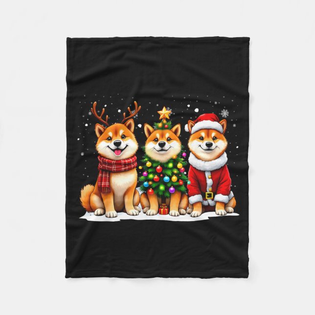 Retro Christmas Shiba Inu Santa Reindeer Dog Lover Fleece Blanket (Front)