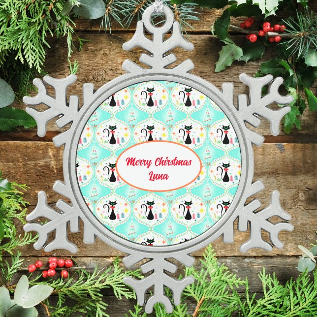 Retro Christmas Siamese Cat Ogee Pet Name  Snowflake Pewter Christmas Ornament (Creator Uploaded)