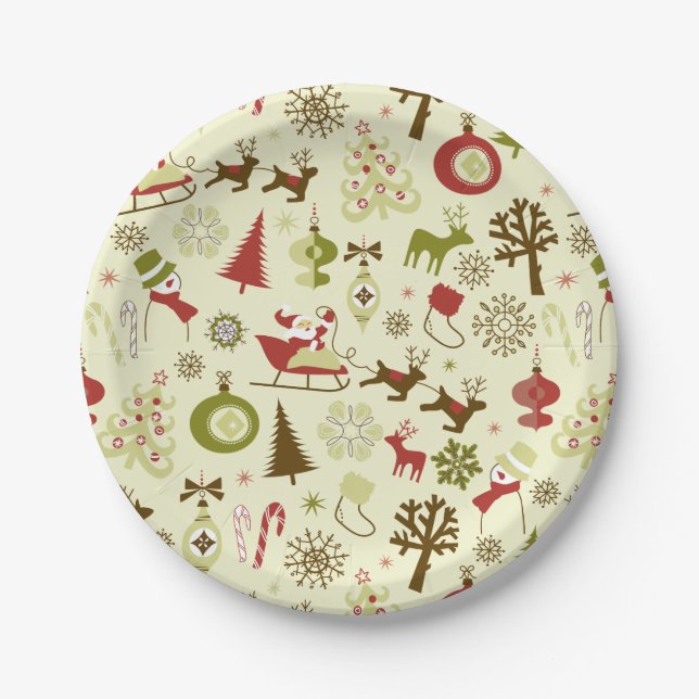 Retro Christmas Sketches Seamless Pattern Paper Plate (Front)