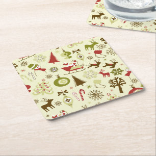 Retro Christmas Sketches Seamless Pattern Square Paper Coaster
