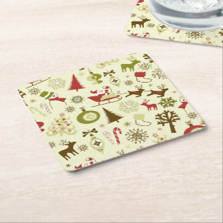 Retro Christmas Sketches Seamless Pattern Square Paper Coaster