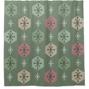 Retro Christmas Snowflakes Green Gold Shower Curtain