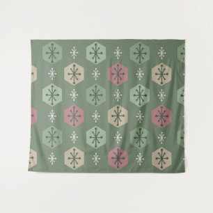 Retro Christmas Snowflakes Green Gold Tapestry