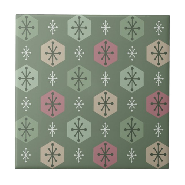 Retro Christmas Snowflakes Green Gold Tile (Front)