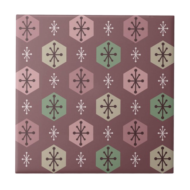 Retro Christmas Snowflakes Red Gold Tile (Front)