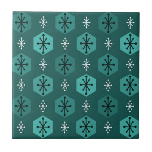 Retro Christmas Snowflakes Teal Tile