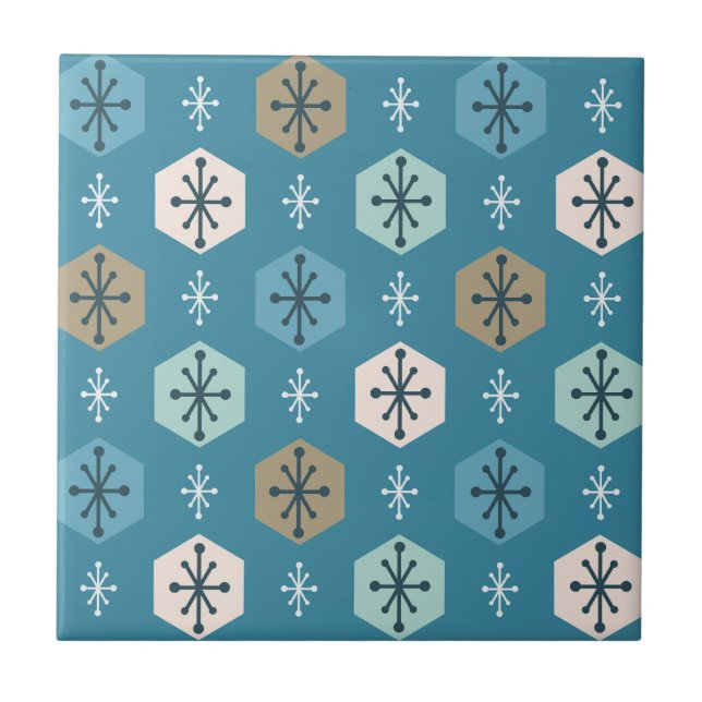 Retro Christmas Snowflakes Turquoise Gold Tile (Front)