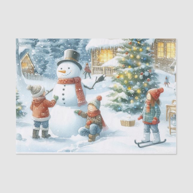 Retro Christmas Snowman and Kids  Tissue Paper (Front)